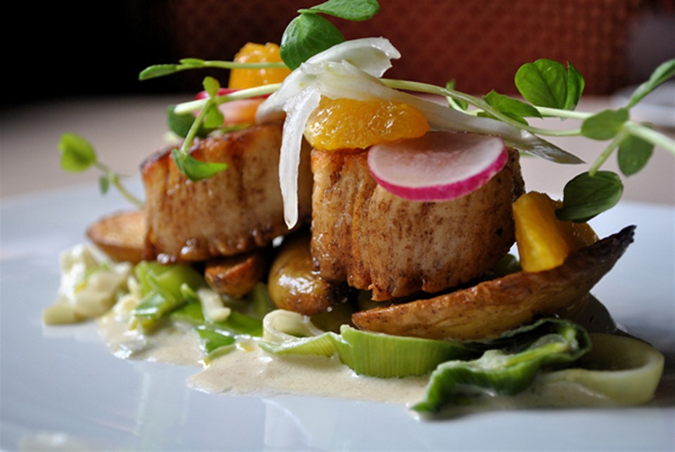 Scallops with Duck Potatoes and Leeks