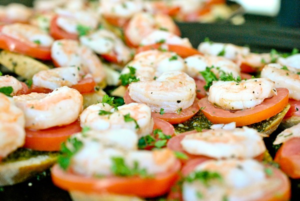 Cosimos (Crostini with Pesto, Plum Tomato & Roasted Shrimp)