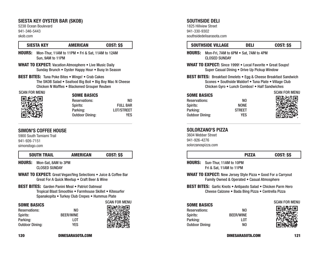 Sample restaurant listings from inside the 2026 Little Sarasota DINING Book